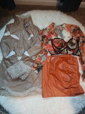 SHEIN Floral Mesh Crop Top with Orange Faux Leather Skirt Set